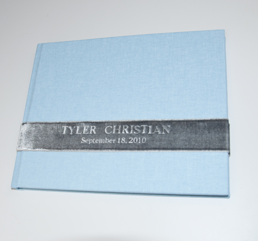 Baby Blue Linen - shown with custom velvet ribbon sash guest book