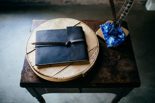 Industrial Inspired Rustic Leather Wedding Guest Book | photo by Tiffani Jones