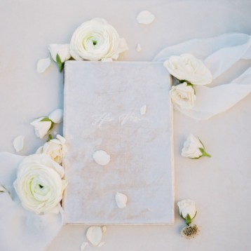 Velvet Wedding Vow Book-  White Velvet with Calligraphy 'Her Vows' emblem- by Blue Sky Papers